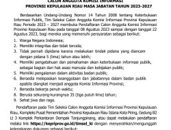 Berikut Pengumuman Pendaftaran  Seleksi Calon Anggota Komisi Informasi Provinsi Kepri & Persyaratannya